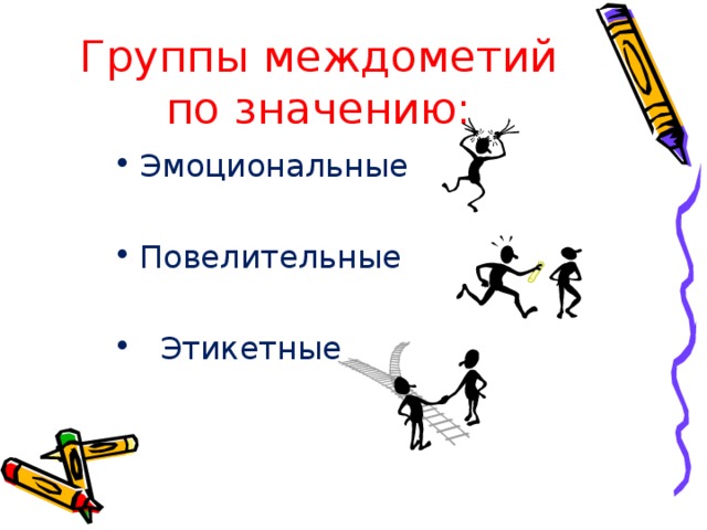 Группы междометий по значению: Эмоциональные Повелительные  Этикетные 