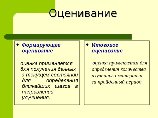 Оценивание   Формирующее оценивание Итоговое оценивание    оценка применяется  для получения данных  о текущем состоянии для определения ближайших шагов в направлении улучшения.   оценка применяется для определения количества изученного материала за пройденный период.  