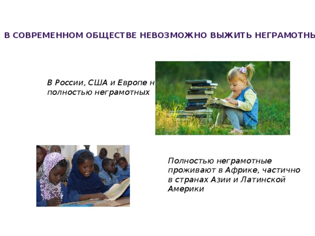 В современном обществе невозможно выжить неграмотным В России, США и Европе нет полностью неграмотных Полностью неграмотные проживают в Африке, частично в странах Азии и Латинской Америки 