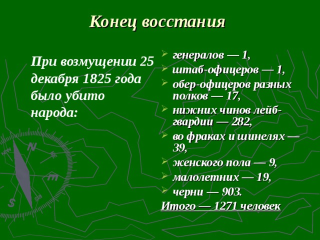 Конец восстания      генералов — 1, штаб-офицеров — 1, обер-офицеров разных полков — 17, нижних чинов лейб-гвардии — 282, во фраках и шинелях — 39, женского пола — 9, малолетних — 19, черни — 903. Итого — 1271 человек При возмущении 25 декабря 1825 года было убито народа: