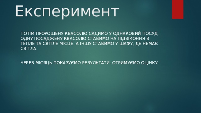 Експеримент Потім пророщену квасолю садимо у однаковий посуд. Одну посаджену квасолю ставимо на підвіконня в тепле та світле місце. А іншу ставимо у шафу, де немає світла. Через місяць показуємо результати. Отримуємо оцінку. 