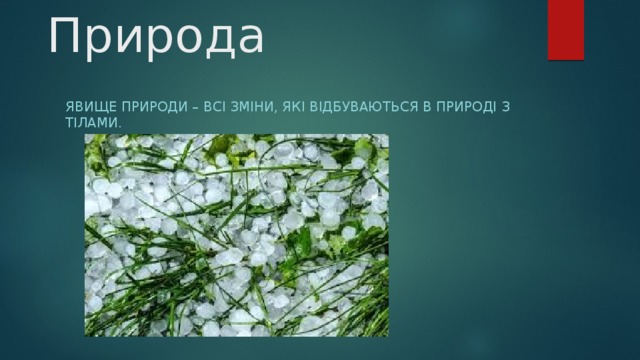 Природа Явище природи – всі зміни, які відбуваються в природі з тілами. 