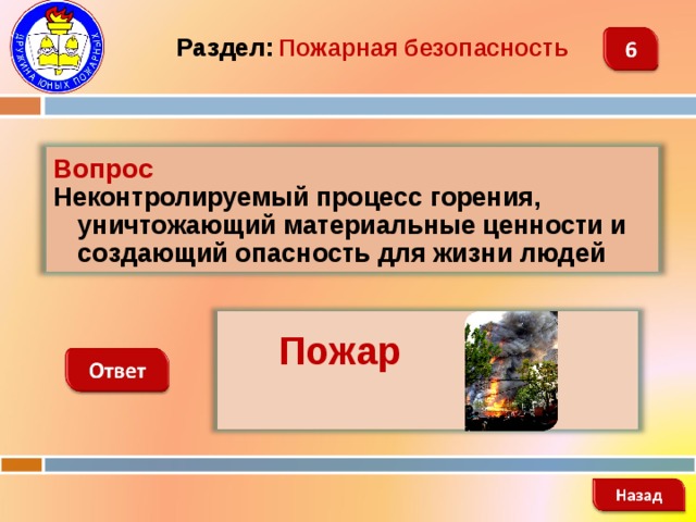Раздел:  Пожарная безопасность Вопрос Неконтролируемый процесс горения, уничтожающий материальные ценности и создающий опасность для жизни людей    Пожар   