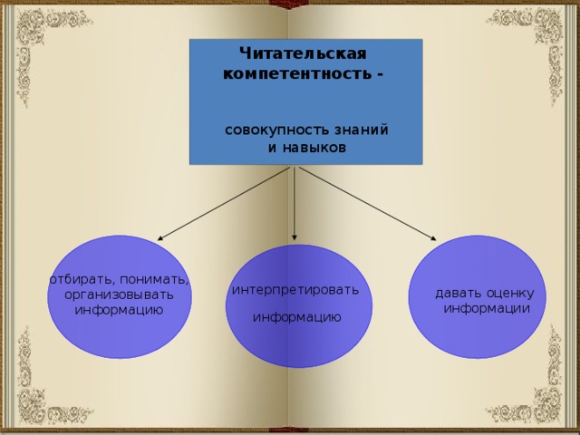 Читательская компетентность -  совокупность знаний  и навыков отбирать, понимать, организовывать информацию интерпретировать  давать оценку информации  информацию 