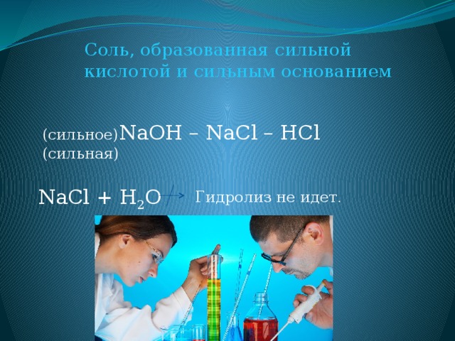 Соль, образованная сильной кислотой и сильным основанием (сильное) NaOH – NaCl – HCl (сильная) NaCl + H 2 O Гидролиз не идет . 