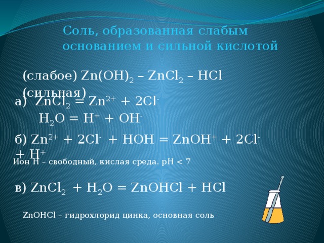 Соль, образованная слабым основанием и сильной кислотой (слабое) Zn(OH) 2 – ZnCl 2 – HCl (сильная) а) ZnCl 2 = Zn 2+ + 2Cl -  H 2 O = H + + OH - б) Zn 2+ + 2Cl - + HOH = ZnOH + + 2Cl - + H +  Ион H – свободный, кислая среда. pH в) ZnCl 2 + H 2 O = ZnOHCl + HCl ZnOHCl – гидрохлорид цинка, основная соль 