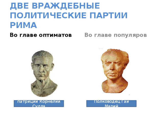 ДВЕ ВРАЖДЕБНЫЕ ПОЛИТИЧЕСКИЕ ПАРТИИ РИМА Во главе оптиматов Во главе популяров патриций Корнелий Сулла Полководец Гай Марий 