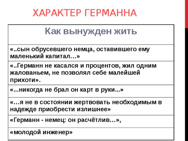 Характер Германна Как вынужден жить «..сын обрусевшего немца, оставившего ему маленький капитал…» «..Германн не касался и процентов, жил одним жалованьем, не позволял себе малейшей прихоти». «...никогда не брал он карт в руки...» «…я не в состоянии жертвовать необходимым в надежде приобрести излишнее» «Германн - немец: он расчётлив…», «молодой инженер»   