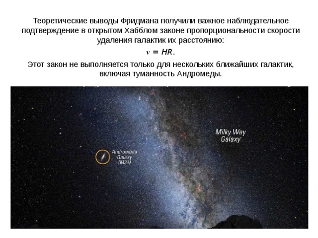 Теоретические выводы Фридмана получили важное наблюдательное подтверждение в открытом Хабблом законе пропорциональности скорости удаления галактик их расстоянию: v = HR . Этот закон не выполняется только для нескольких ближайших галактик, включая туманность Андромеды. Паллада Веста