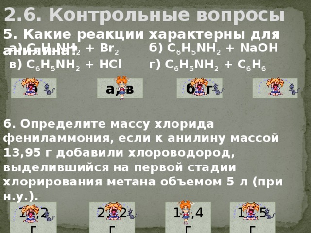 2.6. Контрольные вопросы 5. Какие реакции характерны для анилина? а) C 6 H 5 NH 2  + Br 2      б) C 6 H 5 NH 2  + NaOH   в) C 6 H 5 NH 2  + HCl     г) C 6 H 5 NH 2  + C 6 H 6   г б, г б а, в 6. Определите массу хлорида фениламмония, если к анилину массой 13,95 г добавили хлороводород, выделившийся на первой стадии хлорирования метана объемом 5 л (при н.у.).   21,2 г 18,2 г 19,4 г 17,5 г 