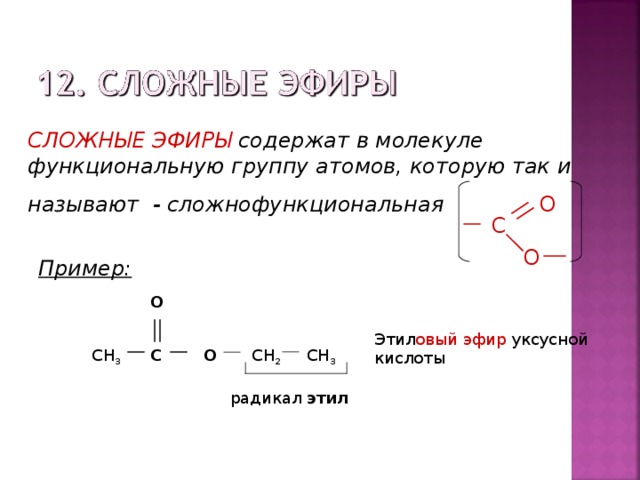 СЛОЖНЫЕ ЭФИРЫ содержат в молекуле функциональную группу атомов, которую так и называют - сложнофункциональная O C О Пример: O Этил овый эфир уксусной кислоты О CH 2 CH 3 C CH 3 радикал этил 