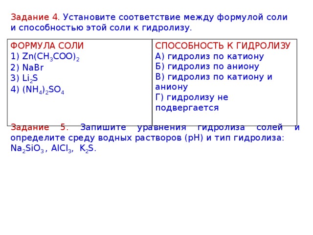 Установите соответствие между формулой соли