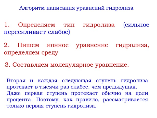Алгоритм написания уравнений гидролиза 1. Определяем тип гидролиза (сильное пересиливает слабое) 2. Пишем ионное уравнение гидролиза, определяем среду 3. Составляем молекулярное уравнение. Вторая и каждая следующая ступень гидролиза протекает в тысячи раз слабее, чем предыдущая. Даже первая ступень протекает обычно на доли процента. Поэтому, как правило, рассматривается только первая ступень гидролиза. 