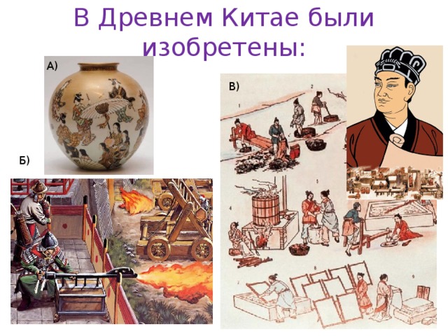 В Древнем Китае были изобретены: А) В) Б) 