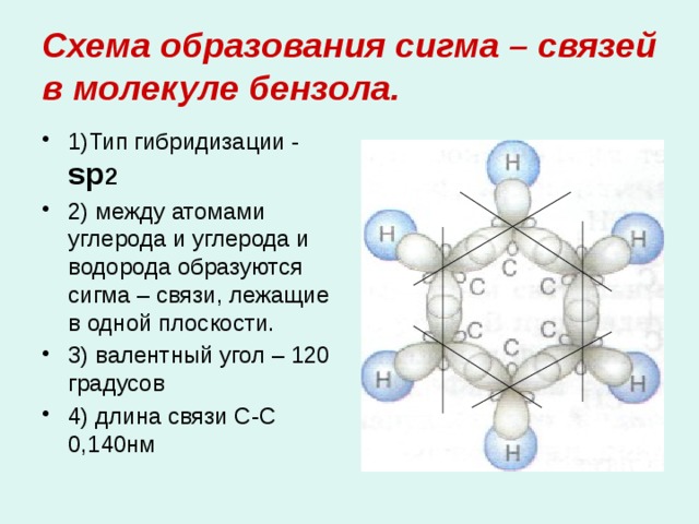 Схема образования сигма – связей в молекуле бензола. 1)Тип гибридизации - sр 2 2) между атомами углерода и углерода и водорода образуются сигма – связи, лежащие в одной плоскости. 3) валентный угол – 120 градусов 4) длина связи С-С 0,140нм 