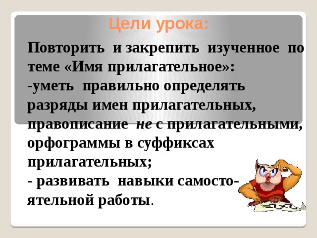 Цели урока: Повторить и закрепить изученное по теме «Имя прилагательное»: -уметь правильно определять разряды имен прилагательных, правописание не с прилагательными, орфограммы в суффиксах прилагательных; - развивать навыки самосто-ятельной работы . 