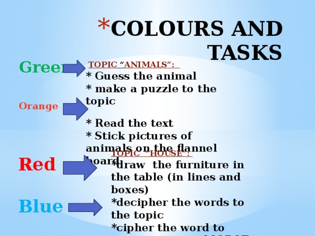 COLOURS AND TASKS Green  Orange  TOPIC “ ANIMALS”: * Guess the animal * make a puzzle to the topic  * Read the text * Stick pictures of animals on the flannel board      TOPIC “HOUSE”: *draw the furniture in the table (in lines and boxes) *decipher the words to the topic *cipher the word to your partner in MORSE alphabet    Red  Blue 