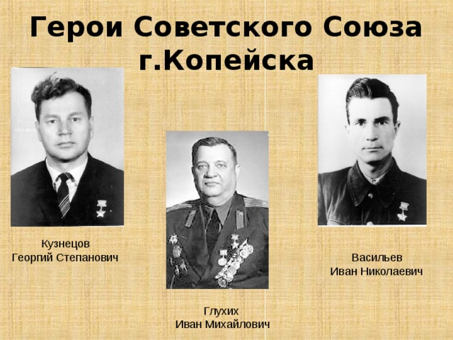 Герои Советского Союза г.Копейска Кузнецов Георгий Степанович Васильев Иван Николаевич Глухих Иван Михайлович