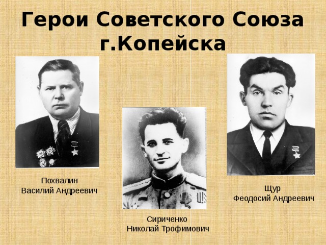 Герои Советского Союза г.Копейска Похвалин Василий Андреевич Щур Феодосий Андреевич Сириченко Николай Трофимович
