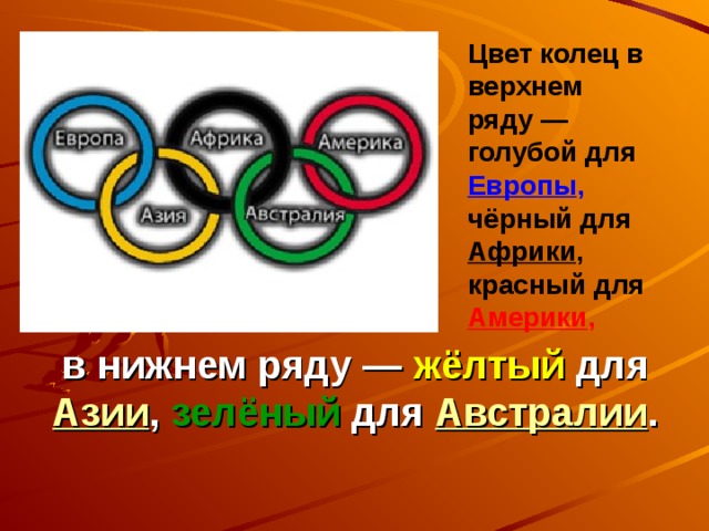 Цвет колец в верхнем ряду — голубой для Европы , чёрный для Африки , красный для Америки ,  в нижнем ряду — жёлтый для Азии , зелёный для Австралии .