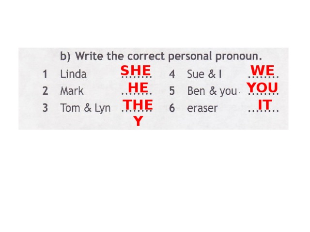 Read the box find examples. Write the correct personal pronoun. Find the correct personal pronoun. Write the correct subject pronoun. Find the correct personal pronoun Linda.