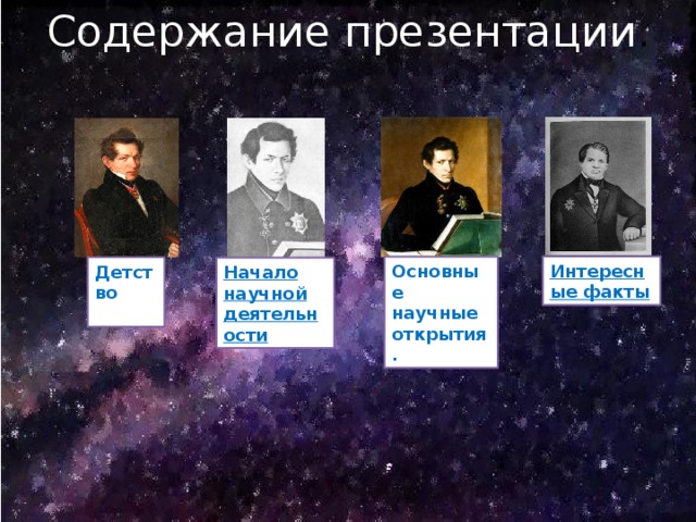 Содержание презентации . Интересные факты Основные научные открытия. Детство Начало научной деятельности 