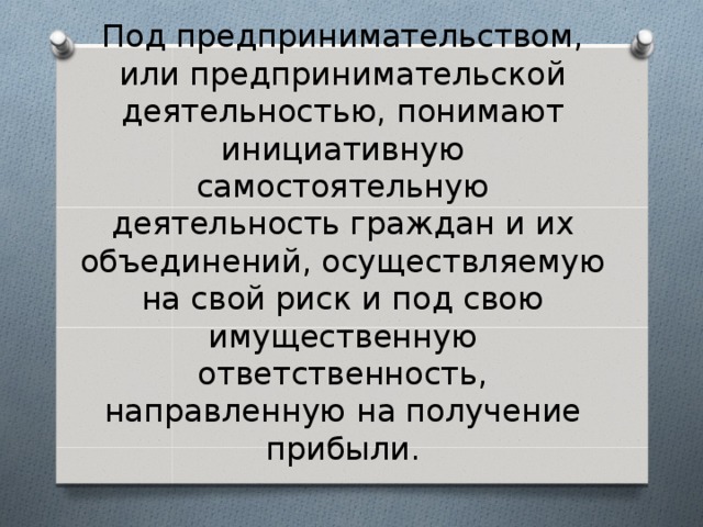 Под предпринимательством, или предпринимательской деятельностью, понимают инициативную самостоятельную деятельность граждан и их объединений, осуществляемую на свой риск и под свою имущественную ответственность, направленную на получение прибыли. 