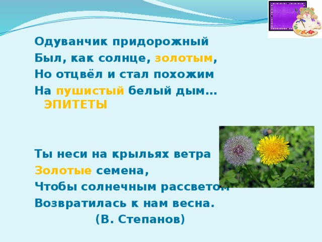 Одуванчик придорожный Был, как солнце, золотым , Но отцвёл и стал похожим На пушистый белый дым… ЭПИТЕТЫ    Ты неси на крыльях ветра Золотые семена, Чтобы солнечным рассветом Возвратилась к нам весна.  (В. Степанов) 