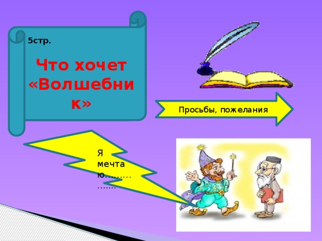 5стр.  Что хочет «Волшебник» Просьбы, пожелания Я мечтаю………... …. 