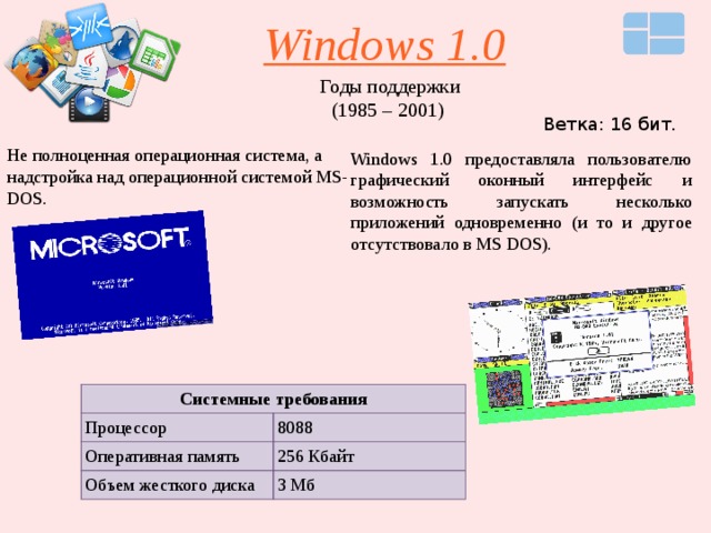 Windows 1.0 Годы поддержки (1985 – 2001) Ветка: 16 бит. Не полноценная операционная система, а надстройка над операционной системой MS-DOS. Windows 1.0 предоставляла пользователю графический оконный интерфейс и возможность запускать несколько приложений одновременно (и то и другое отсутствовало в MS DOS).  Системные требования Процессор Оперативная память 8088 256 Кбайт Объем жесткого диска 3 Мб 