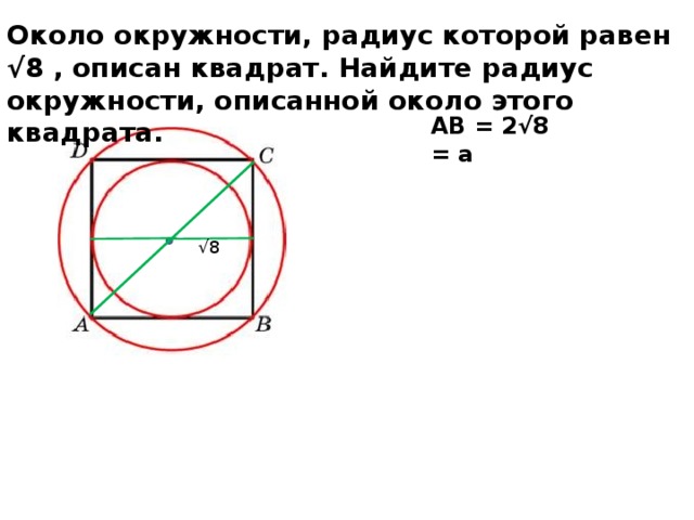 Квадрат описан вокруг окружности радиусом 14. Радиус описанной окружности около квадрата.