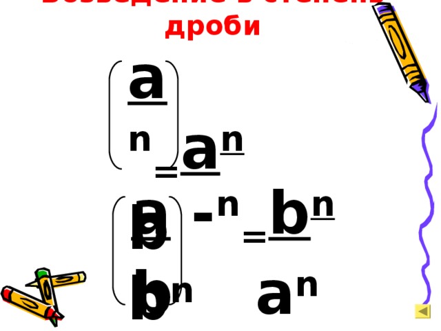 Возведение в степень дроби a  n = a n b b n a  - n = b n b  a n 