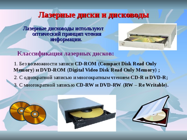 Лазерные диски и дисководы Лазерные дисководы используют оптический принцип чтения информации.  Классификация лазерных дисков: 1. Без возможности записи CD-ROM (Compact Disk Read Only Memory) и DVD-ROM (Digital Video Disk  Read Only Memory) ; 2. С однократной записью и многократным чтением CD-R и DVD-R ; 3. С многократной записью CD-RW и DVD-RW ( RW – Re Writable).  