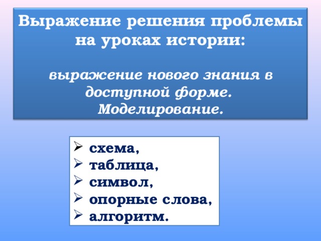 Выражение решения проблемы на уроках истории:  выражение нового знания в доступной форме. Моделирование.  схема,  таблица,  символ,  опорные слова,  алгоритм. 
