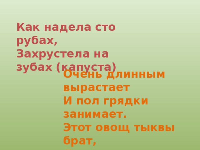 Как надела сто рубах, Захрустела на зубах (капуста) Очень длинным вырастает И пол грядки занимает. Этот овощ тыквы брат, Летом все его едят (кабачок) 