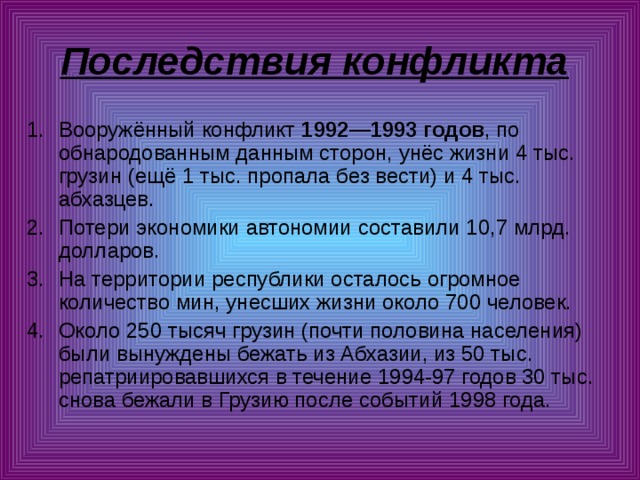 Последствия конфликта  Вооружённый конфликт 1992—1993 годов , по обнародованным данным сторон, унёс жизни 4 тыс. грузин (ещё 1 тыс. пропала без вести) и 4 тыс. абхазцев. Потери экономики автономии составили 10,7 млрд. долларов. На территории республики осталось огромное количество мин, унесших жизни около 700 человек. Около 250 тысяч грузин (почти половина населения) были вынуждены бежать из Абхазии, из 50 тыс. репатриировавшихся в течение 1994-97 годов 30 тыс. снова бежали в Грузию после событий 1998 года. 