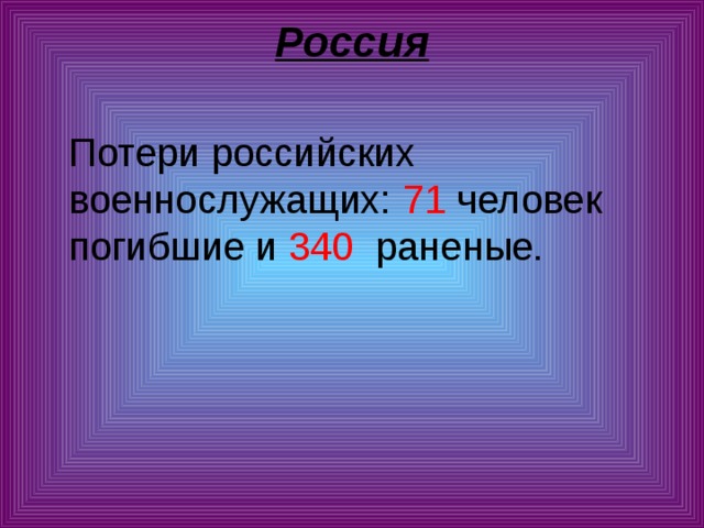 Россия    Потери российских военнослужащих: 71 человек погибшие и 340   раненые. 