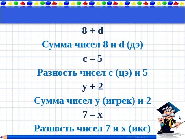 8 + d Сумма чисел 8 и d (дэ) c – 5 Разность чисел с (цэ) и 5 y + 2 Сумма чисел у (игрек) и 2 7 – x Разность чисел 7 и х (икс) 