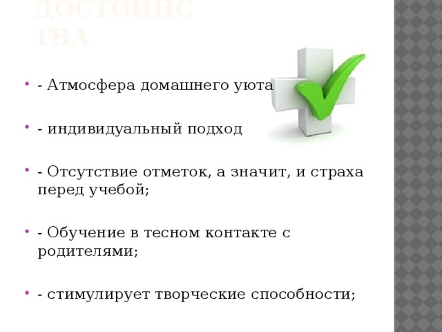 Достоинства - Атмосфера домашнего уюта   - индивидуальный подход - Отсутствие отметок, а значит, и страха перед учебой;   - Обучение в тесном контакте с родителями;    - стимулирует творческие способности; 