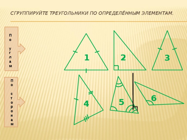  Сгруппируйте треугольники по определённым элементам.   По  углам 2 1 3 По  сторонам 6 5 4 