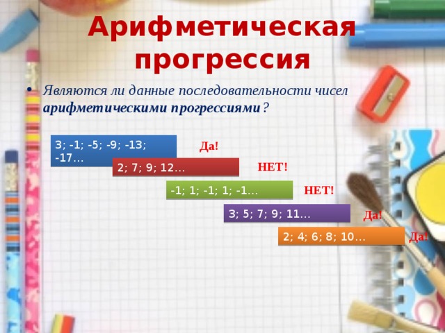 Арифметическая прогрессия Являются ли данные последовательности чисел арифметическими прогрессиями ? 3; -1; -5; -9; -13; -17… Да! НЕТ! 2; 7; 9; 12… НЕТ! -1; 1; -1; 1; -1… 3; 5; 7; 9; 11… Да! Да! 2; 4; 6; 8; 10… 