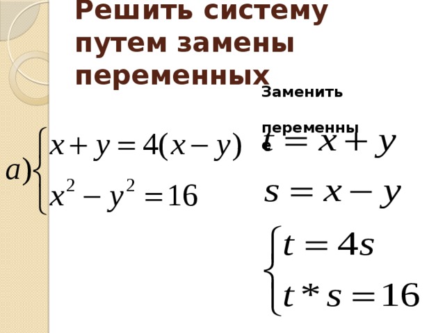 Решите систему уравнений методом замены. Решение системы уравнений методом замены переменных. Решите систему уравнений методом замены переменных. Метод решения систем уравнений методом замены переменной. Метод замены переменной в системе уравнений.