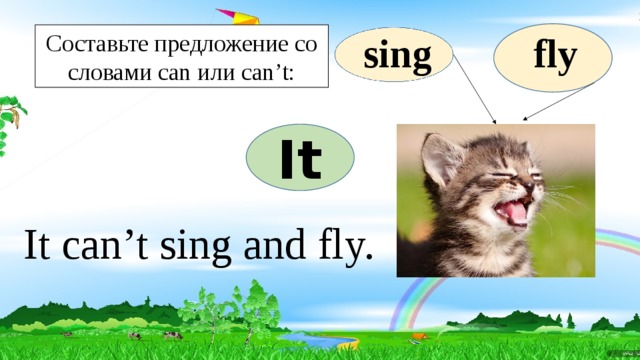Составьте предложение со словами can или can’t: fly sing It It can’t sing and fly. 