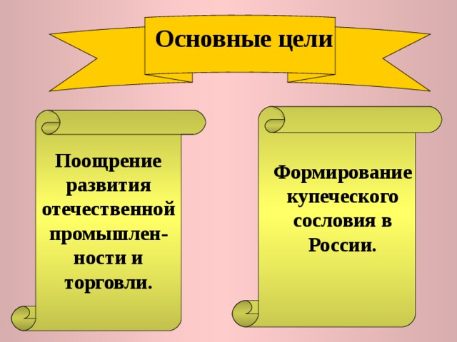 Основные цели Поощрение развития отечественной промышлен-ности и торговли. Формирование купеческого сословия в России. 