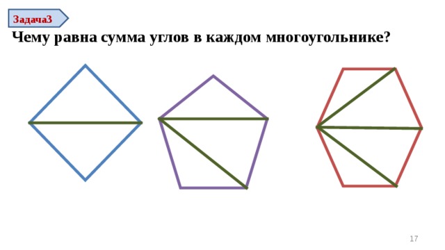 Задача3  Чему равна сумма углов в каждом многоугольнике? 17 