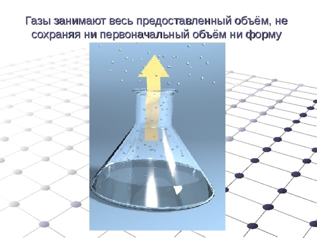 Газы занимают весь предоставленный объём, не сохраняя ни первоначальный объём ни форму   