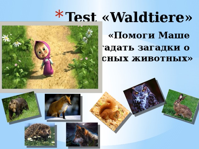 Test «Waldtiere»   «Помоги Маше  отгадать загадки о  лесных животных» 