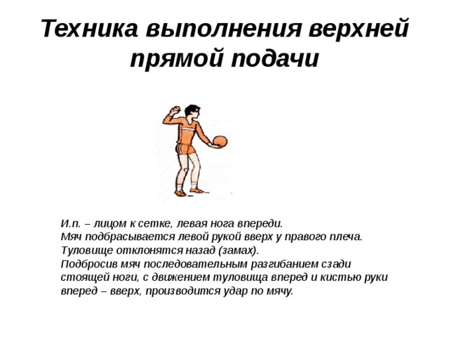 Отклониться назад. Методика выполнения верхней прямой подачи. Техника выполнения верхней подачи. Технику выполнения верхней прямой подачи. Опишите технику выполнения верхней прямой подачи.