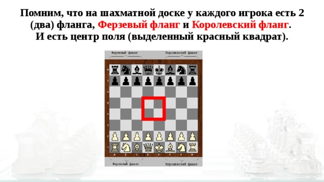 Сколько полей в шахматах. Центр шахматной доски. Шахматная доска ферзевый фланг. Королевский и ферзевый фланг. Сколько полей в центре шахматной доски.