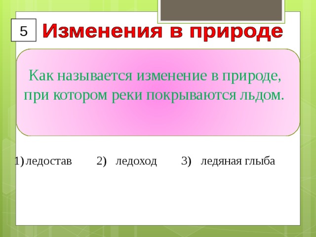 5  Как называется изменение в природе, при котором реки покрываются льдом. ледостав 2) ледоход 3) ледяная глыба 